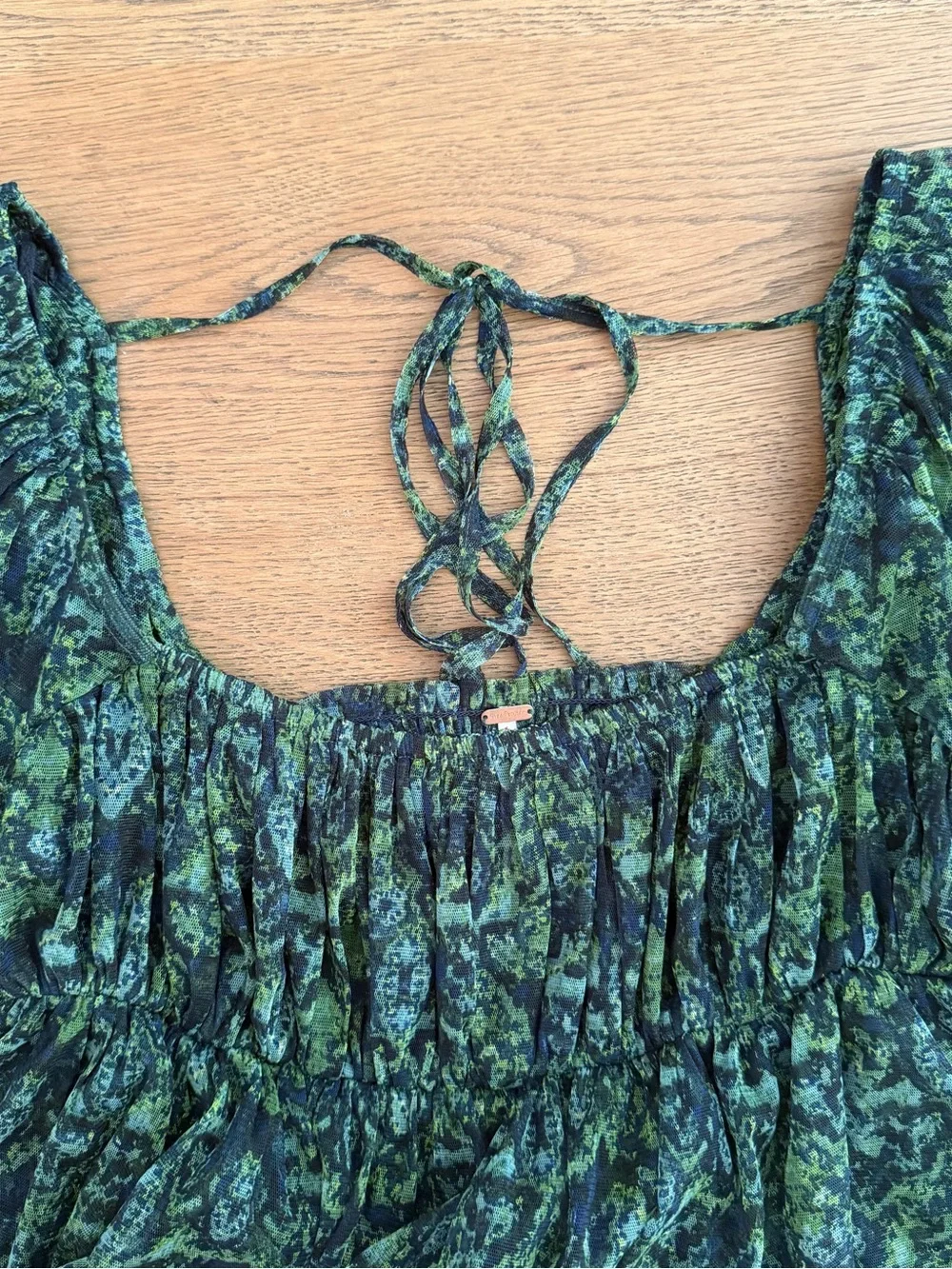 Free People Penelope Top M Green Black Sheer Puff Sleeve Smocked Peplum